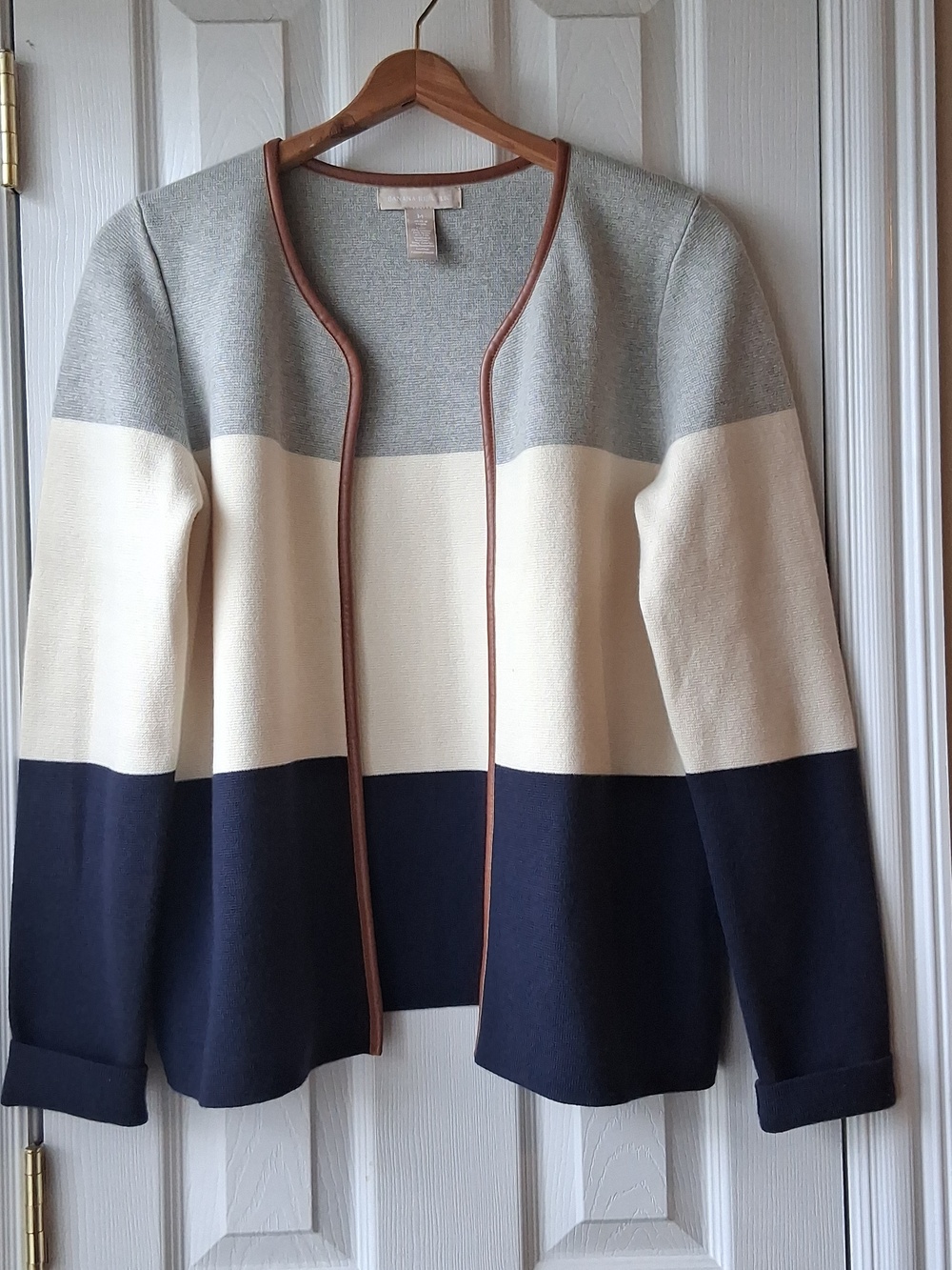 Banana Republic Gray, Cream & Navy Colorblock Open Cardigan Faux Leather Trimmed
